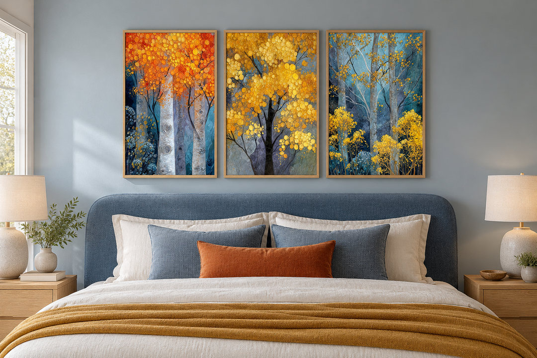 Autumn Aspen Trees Wall Art Set of 3 in oak frames above a blue bed with orange and yellow accents.