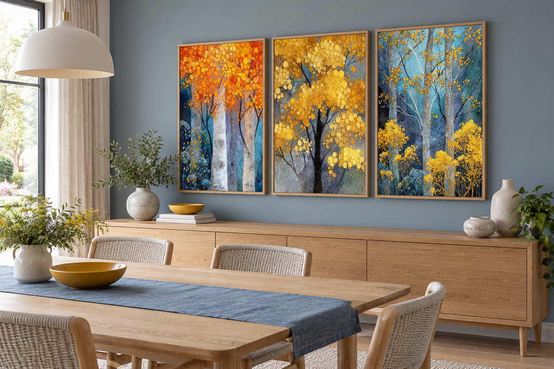 Autumn Aspen Trees Wall Art Set of 3 in oak frames above a wooden sideboard in a dining room.