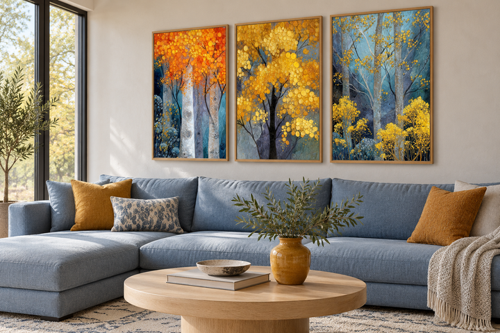 Autumn Aspen Trees Wall Art Set of 3 above a blue sectional sofa in a modern living room.