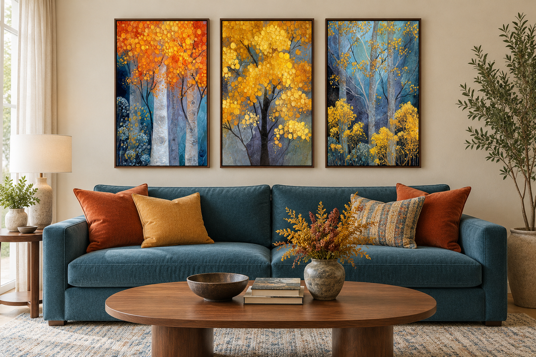 Set of 3 Autumn Aspen Trees canvas prints featuring golden leaves and blue forest shadows.