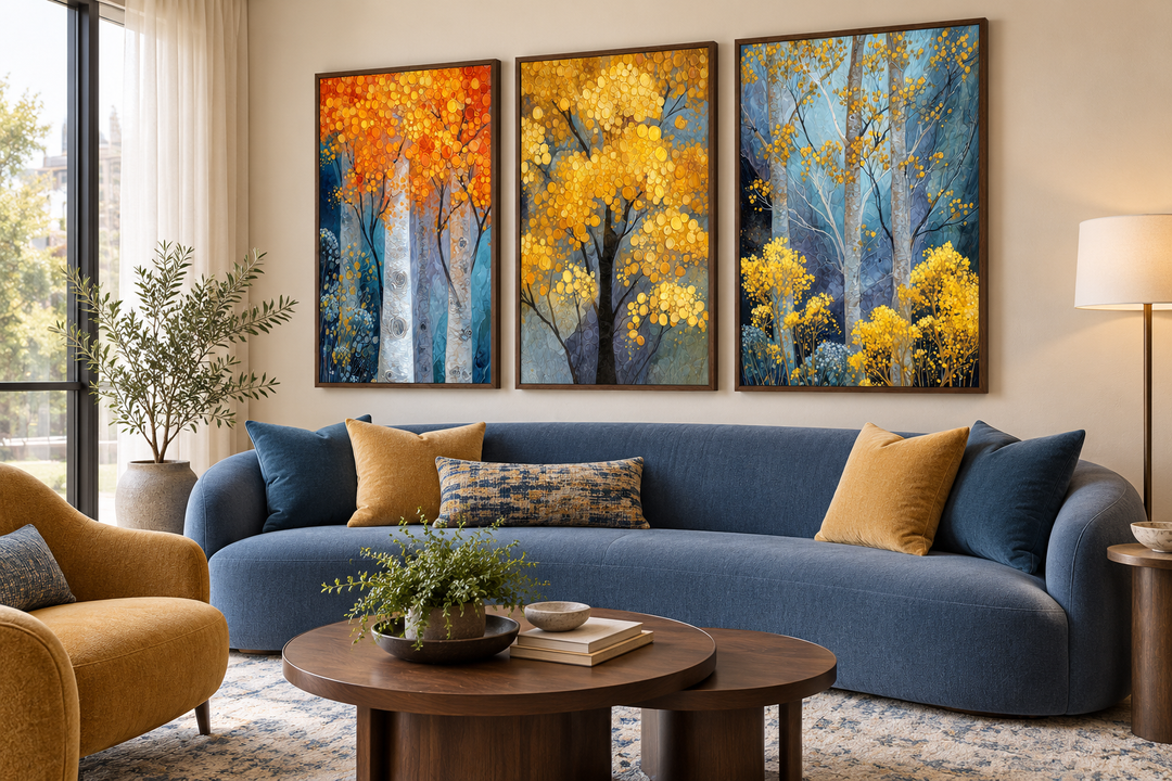 Set of 3 Autumn Aspen Trees wall art panels in gold and blue tones above a blue curved sofa.
