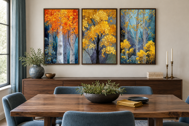 Autumn Aspen Trees wall art set of 3 in a modern dining room above a walnut sideboard.