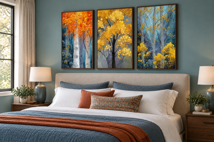 Autumn Aspen Trees Wall Art Set of 3 displayed above a bed in a modern rustic bedroom.