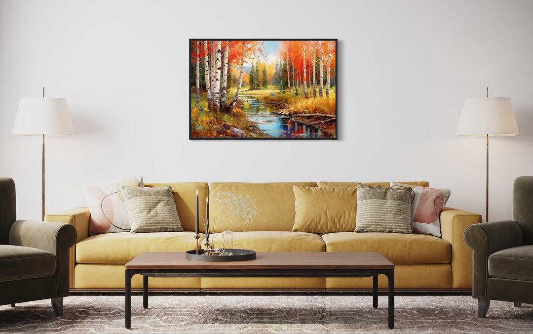 Autumn Birch Trees Forest Watercolor Framed Canvas Wall Art