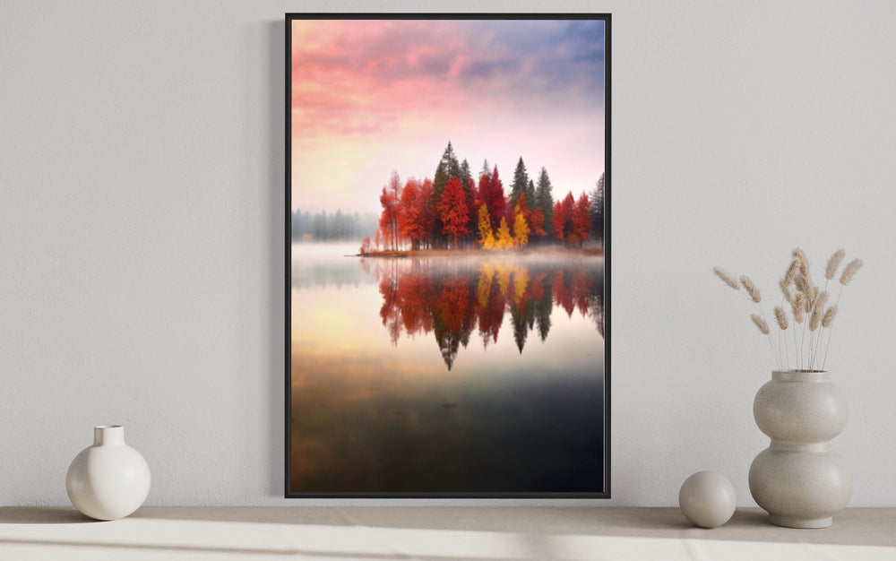 Autumn Fall Foliage Reflected in Lake Framed Canvas Wall Art close up