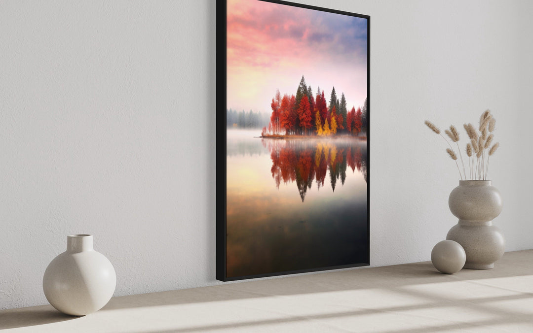 Autumn Fall Foliage Reflected in Lake Framed Canvas Wall Art