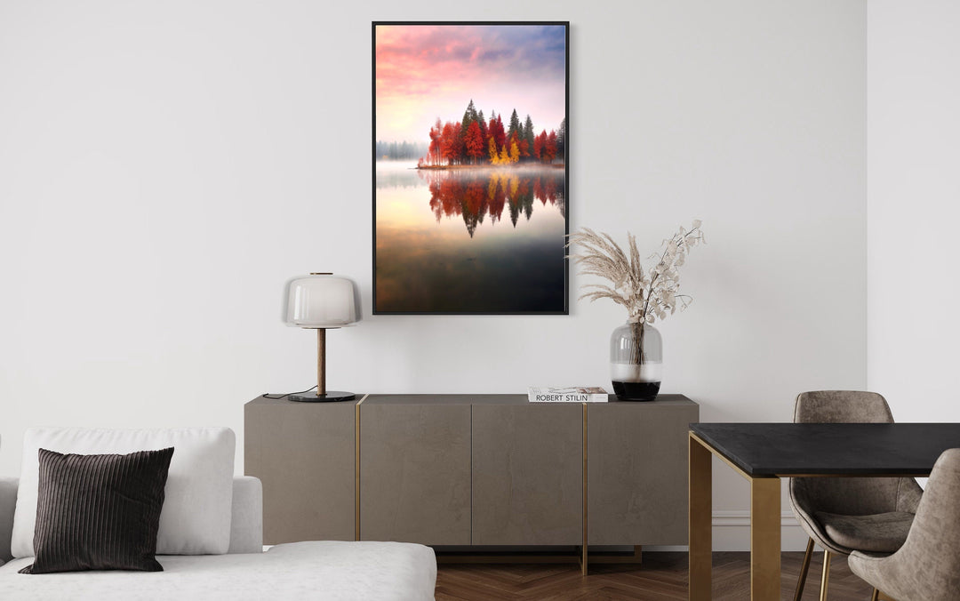 Autumn Fall Foliage Reflected in Lake Framed Canvas Wall Art