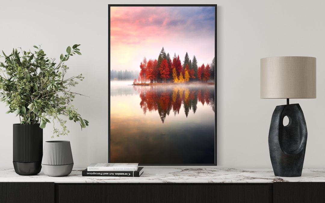 Autumn Fall Foliage Reflected in Lake Framed Canvas Wall Art