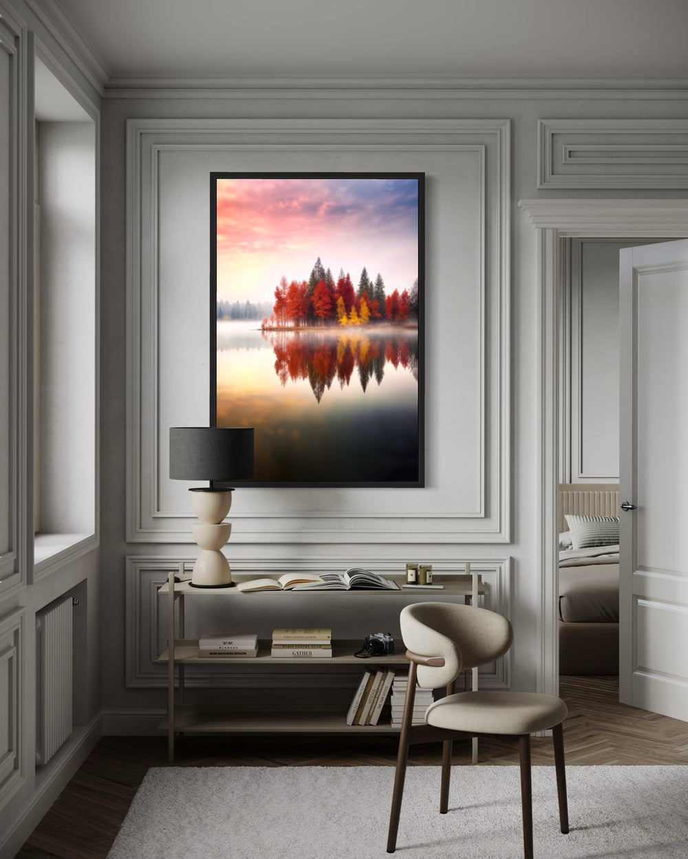 Vertical framed canvas wall art of autumn foliage reflected in a tranquil lake at sunset.