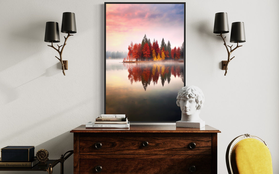 Autumn Fall Foliage Reflected in Lake Framed Canvas Wall Art