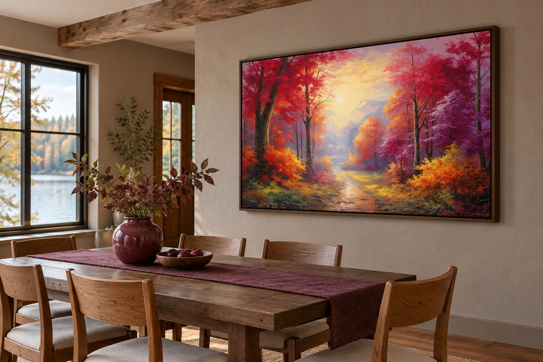 Fall forest at sunrise framed canvas wall art hanging in a rustic dining room above a wooden table.