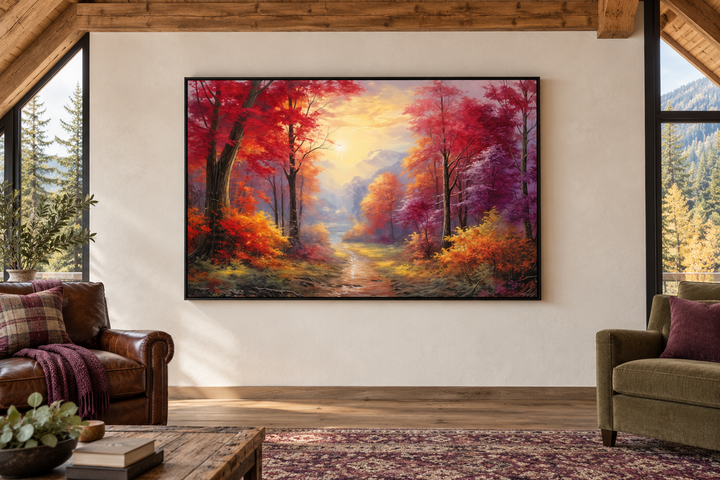 Fall forest at sunrise framed canvas wall art in a rustic cabin living room setting.
