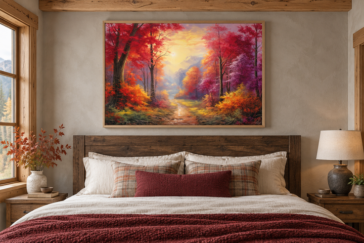 Fall forest at sunrise framed canvas wall art above a bed in a rustic cabin bedroom.
