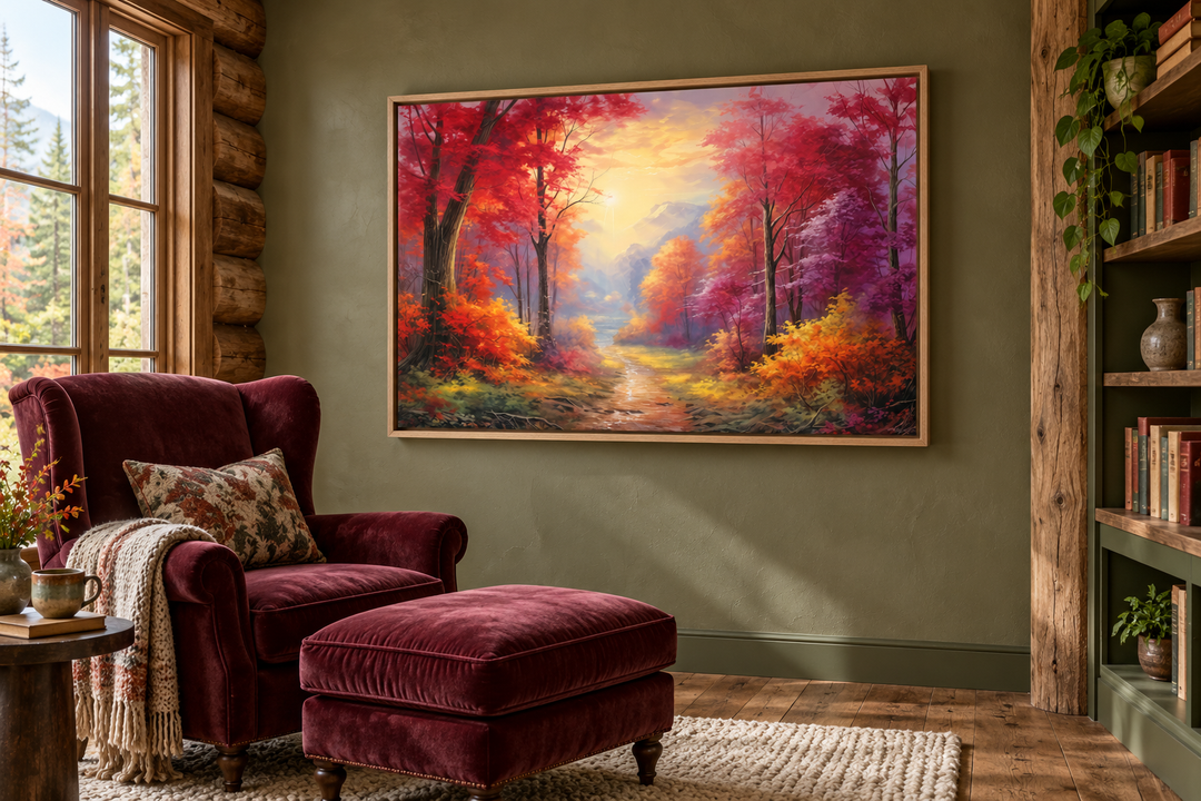 Fall forest at sunrise framed canvas wall art in a rustic cabin reading room with a velvet armchair.