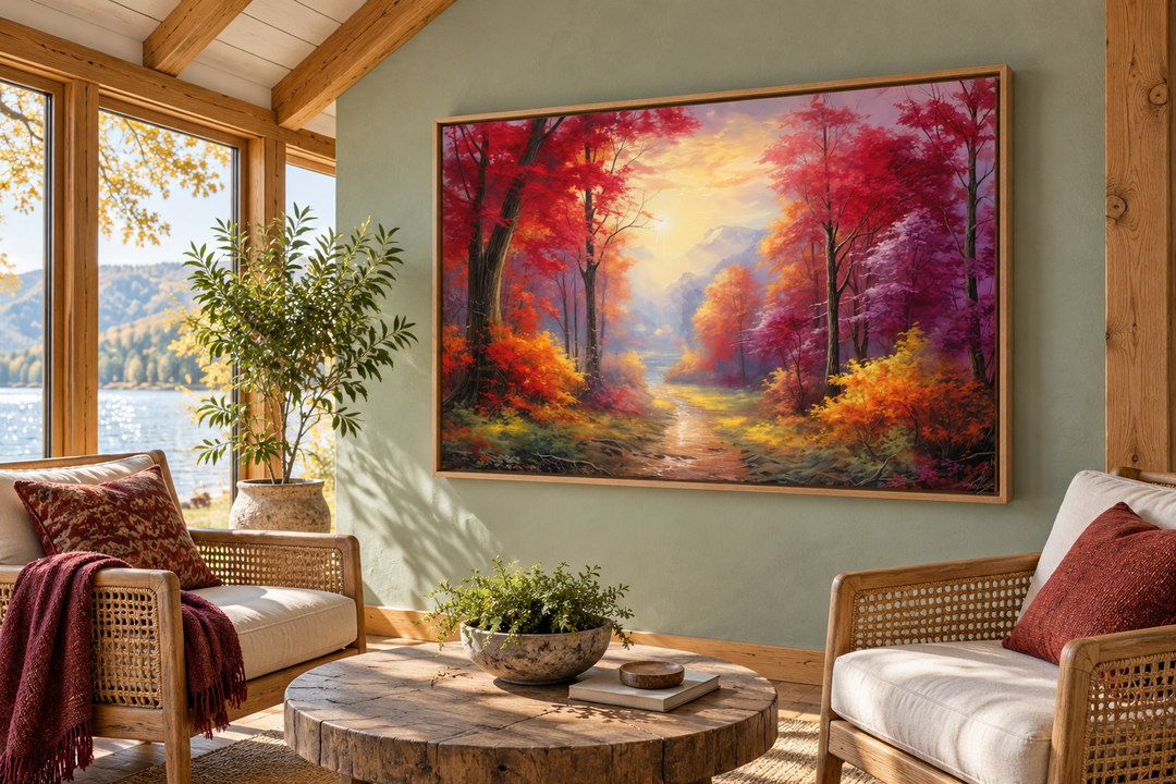 Fall forest at sunrise framed canvas wall art displayed in a rustic cabin sunroom.