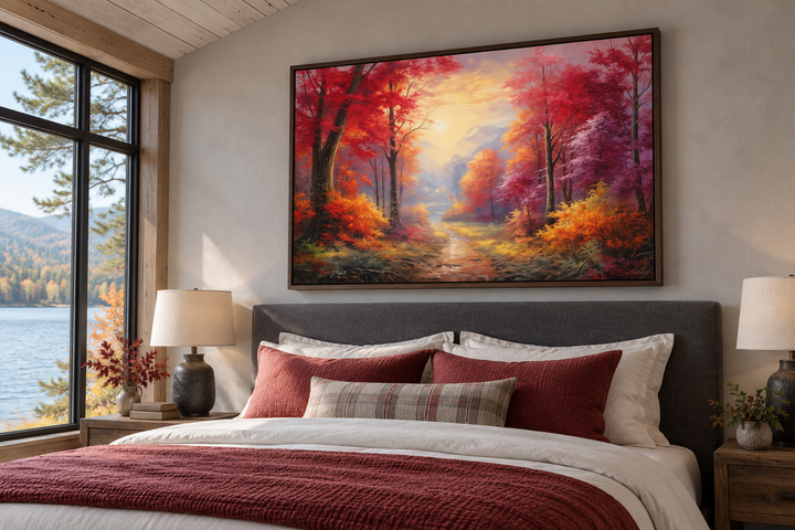Fall Forest at Sunrise Framed Canvas Wall Art hanging above a bed in a rustic cabin bedroom.