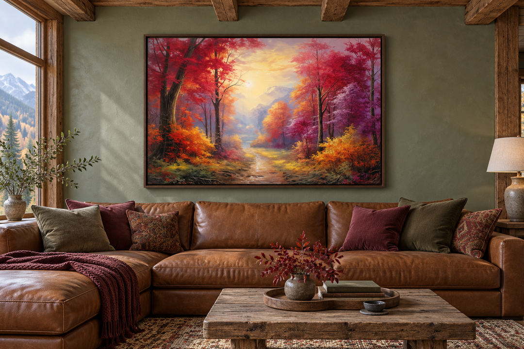 Fall forest at sunrise framed canvas wall art above a brown leather sofa in a rustic cabin setting.