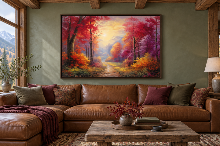 Fall forest at sunrise framed canvas wall art above a brown leather sofa in a rustic cabin setting.