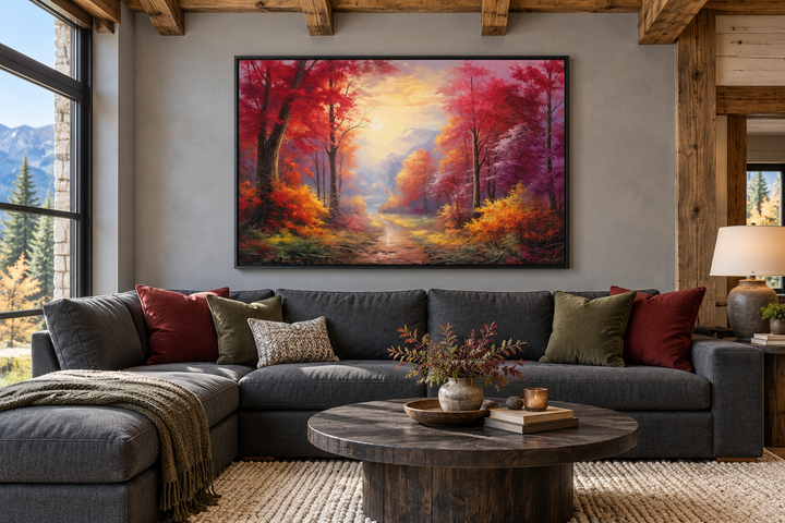 Fall forest at sunrise framed canvas wall art displayed above a gray sofa in a rustic cabin room.