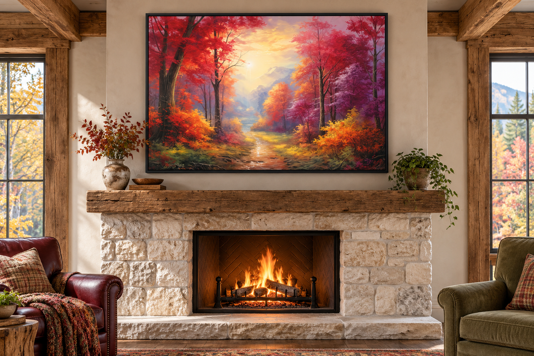 Fall forest at sunrise framed canvas wall art hanging above a stone fireplace in a rustic cabin.