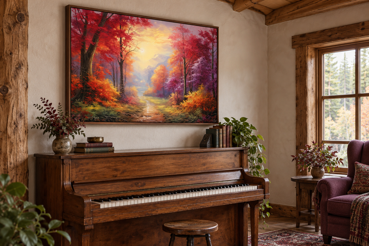 Fall forest at sunrise framed canvas wall art hanging above a piano in a rustic cabin music room.
