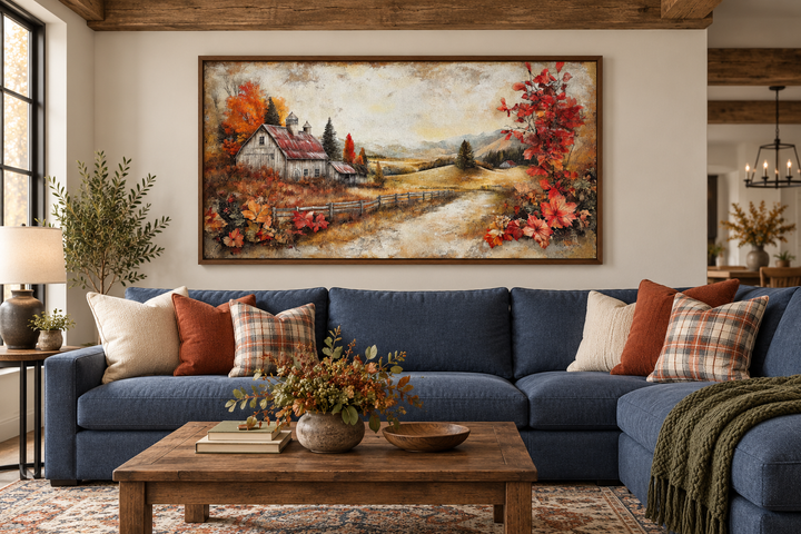 Autumn Farm Barn Rustic Canvas Wall Art in a walnut frame above a blue sectional sofa.