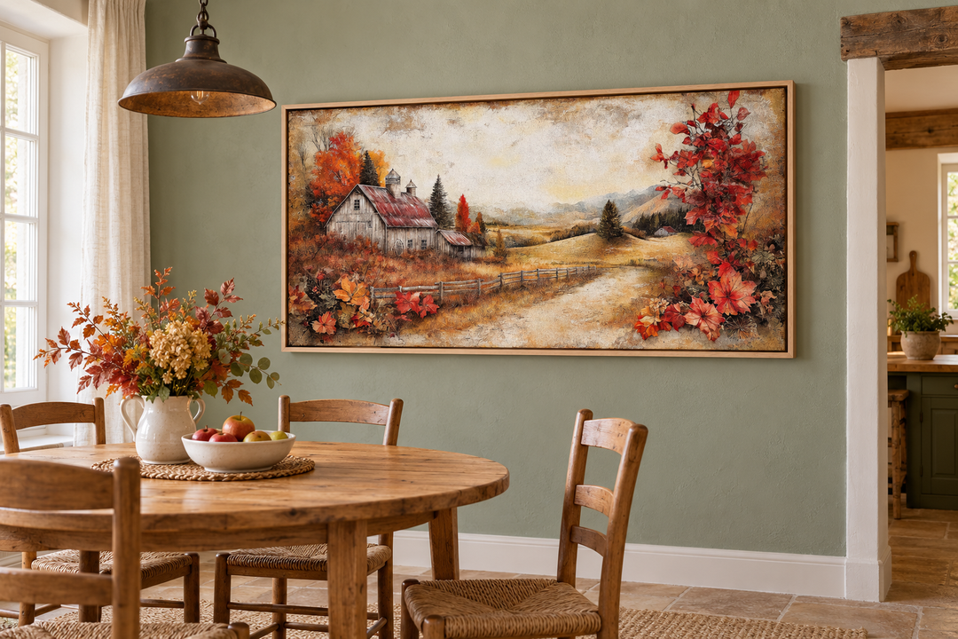 Autumn Farm Barn Rustic Canvas Wall Art in a wooden frame hanging in a farmhouse dining room.