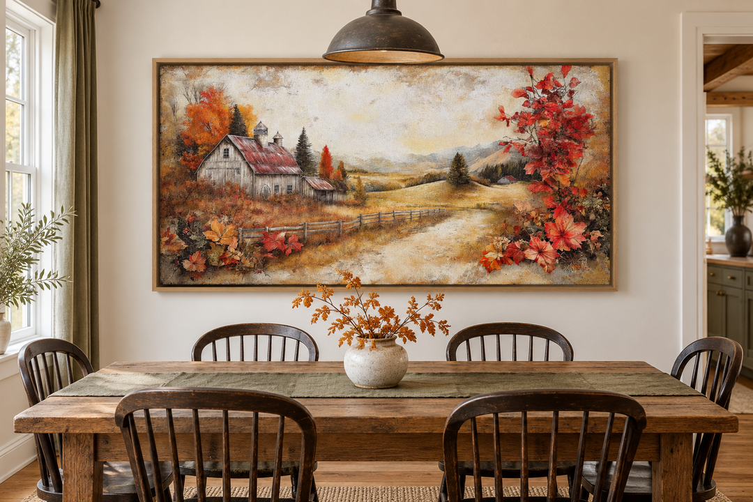 Autumn farm barn rustic canvas wall art in a wooden frame above a farmhouse dining table.