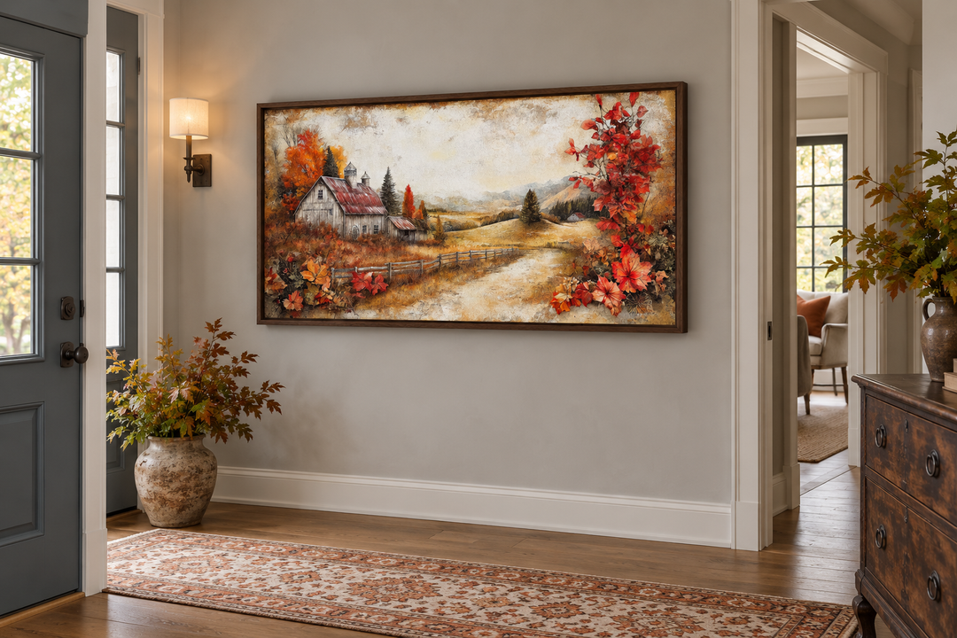 Autumn farm barn rustic canvas wall art in a walnut frame hanging in a farmhouse entryway.