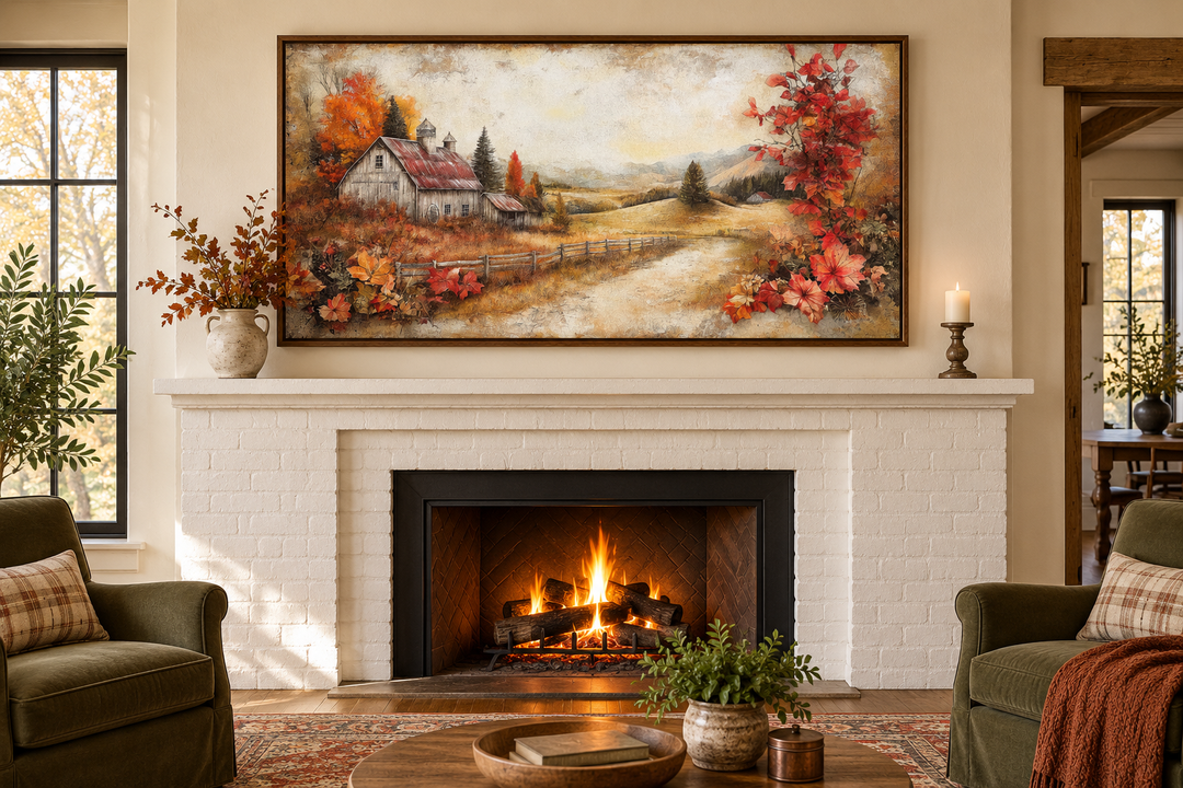 Autumn Farm Barn Rustic Canvas Wall Art in a walnut frame hanging above a white brick fireplace.