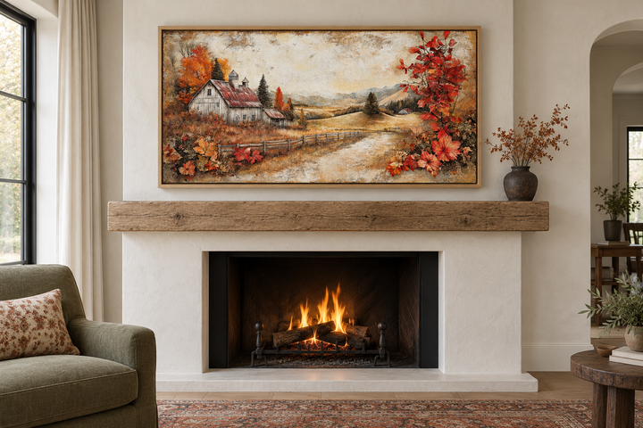 Autumn Farm Barn Rustic Canvas Wall Art in a wood frame above a cozy fireplace mantel.