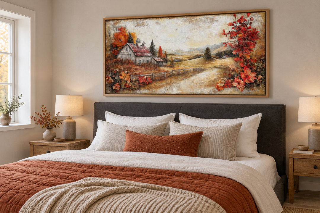Autumn Farm Barn Rustic Canvas Wall Art in a wooden frame above a bed with fall-colored bedding.