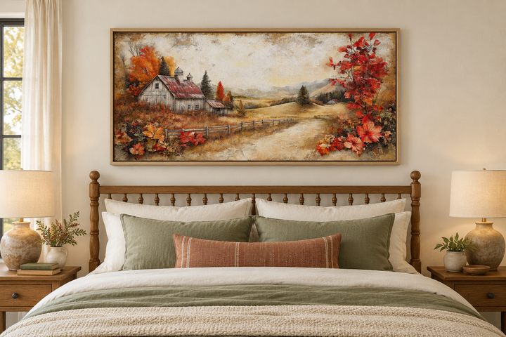 Autumn farm barn rustic canvas wall art in a wooden frame hanging above a bed.