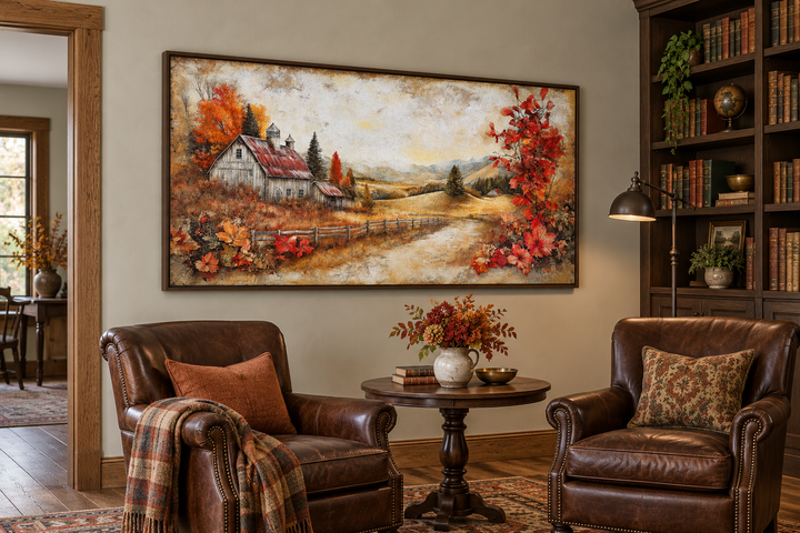 Autumn farm barn rustic canvas wall art in a walnut frame above two leather chairs in a library.