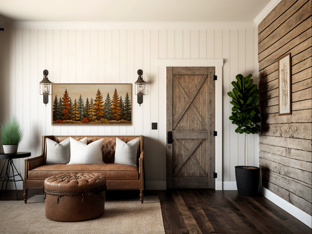 Autumn Fir Tree Forest Painting On Wood Rustic Cabin Wall Art