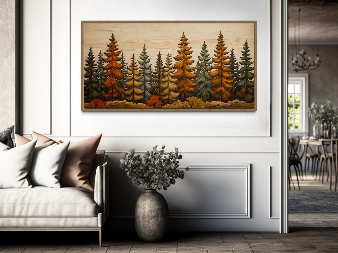 Autumn Fir Tree Forest Painting On Wood Rustic Cabin Wall Art