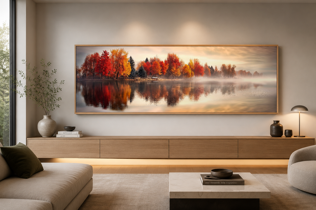 Autumn forest lake reflection long horizontal canvas wall art in a modern living room.
