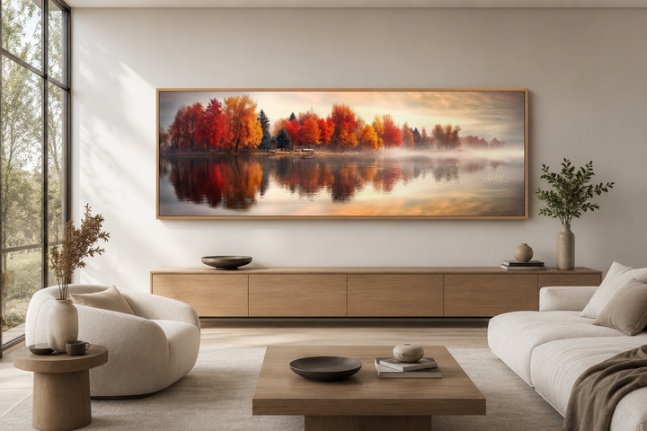 Autumn forest lake reflection long horizontal canvas wall art in a wooden frame above a sideboard.