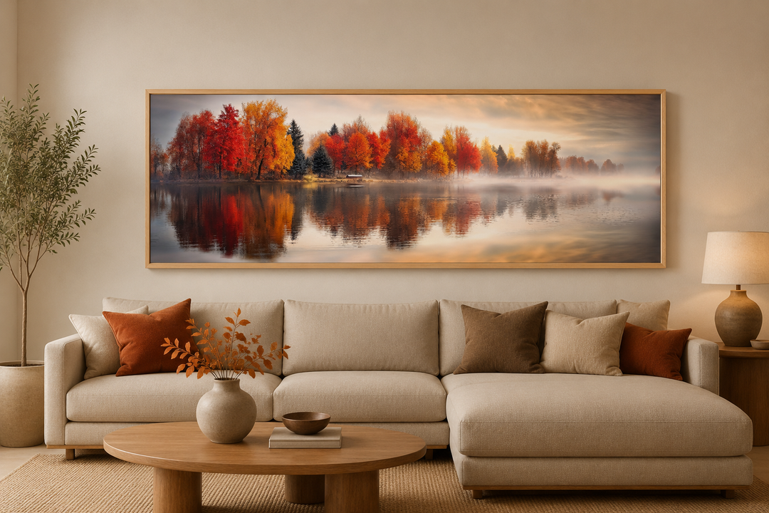 Autumn forest lake reflection long horizontal canvas wall art hanging above a beige sofa.