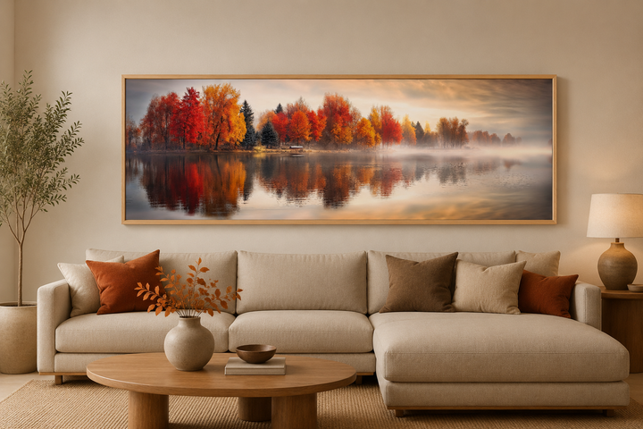 Autumn forest lake reflection long horizontal canvas wall art hanging above a beige sofa.