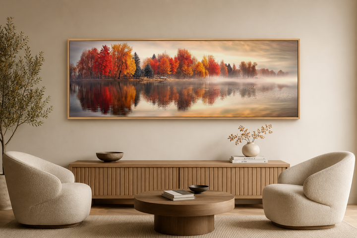 Autumn forest lake reflection long horizontal canvas wall art in a wooden frame above a sideboard.