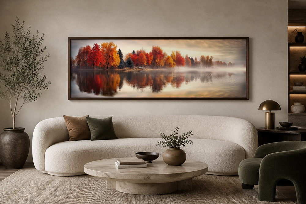 Autumn forest lake reflection long horizontal canvas wall art hanging above a modern sofa.