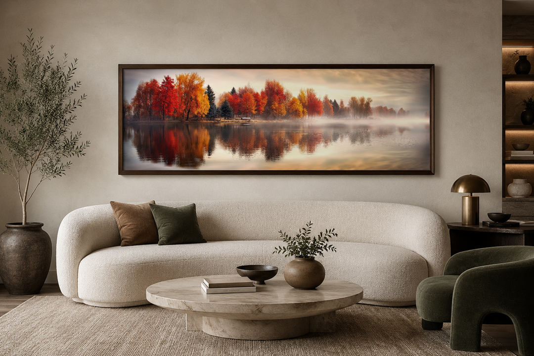 Autumn forest lake reflection long horizontal canvas wall art hanging above a modern sofa.