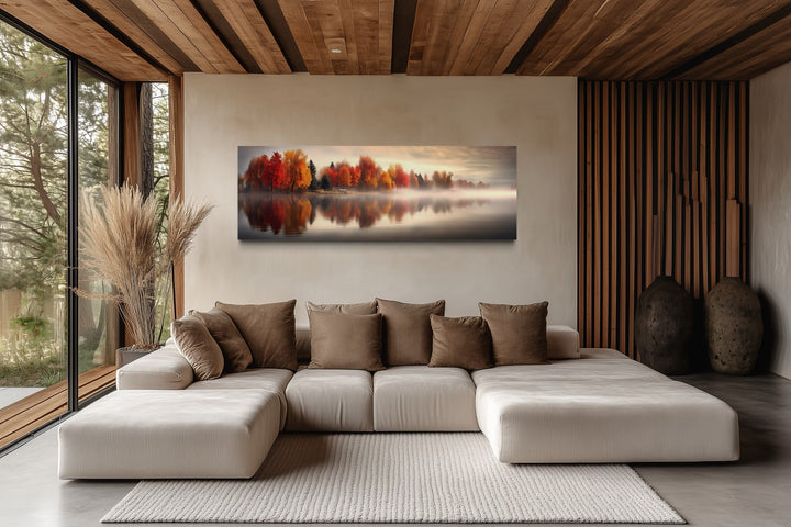 Autumn Forest Lake Reflection Long Horizontal Canvas Wall Art