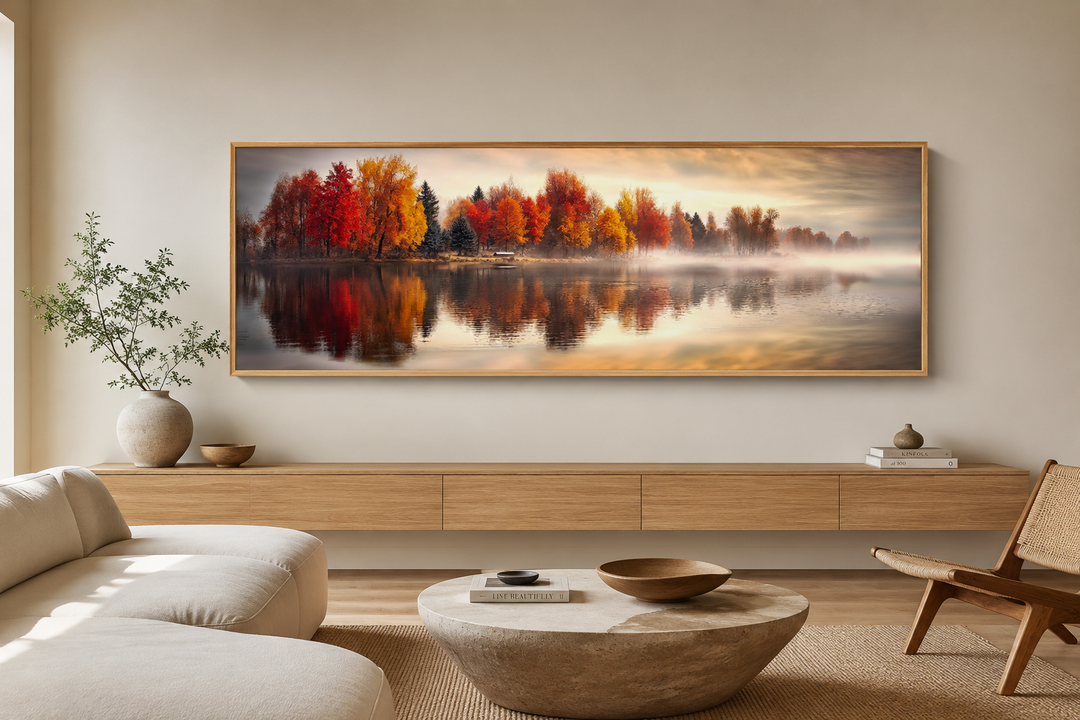 Autumn forest lake reflection long horizontal canvas wall art in a modern living room setting.