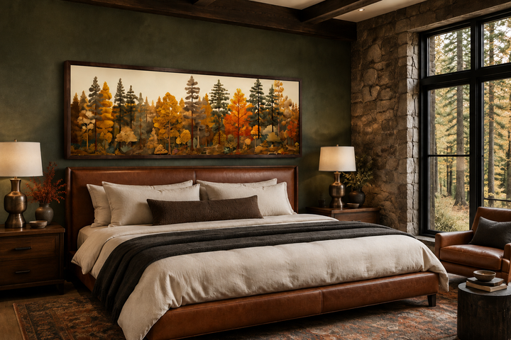 Long horizontal autumn forest painting on wood wall art displayed above a bed in a rustic cabin.