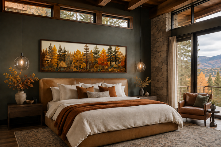 Long horizontal autumn forest painting on wood wall art hanging above a bed in a rustic cabin.