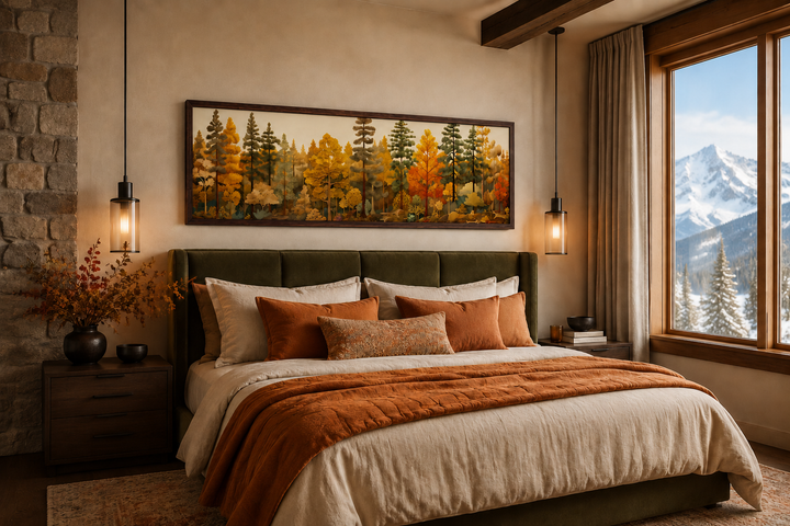 Long horizontal autumn forest painting on wood wall art displayed above a bed in a rustic cabin.