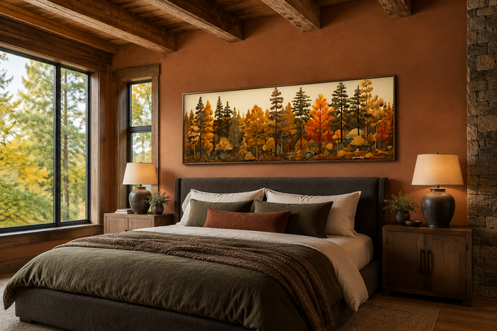 Long horizontal autumn forest painting on wood wall art displayed above a bed in a rustic cabin.