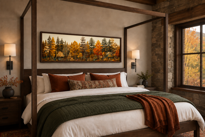 Long horizontal autumn forest painting on wood wall art displayed above a canopy bed in a cabin.